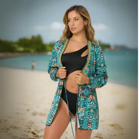 NWT Blue Animal Print Designer Luxury Midi Cover-up w/ Beaded Embroidery - Picture 1 of 2